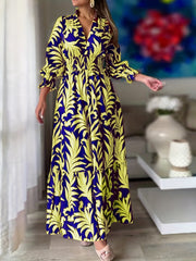Floral Print Shirred Waist Dress Casual V Neck Long Sleeve