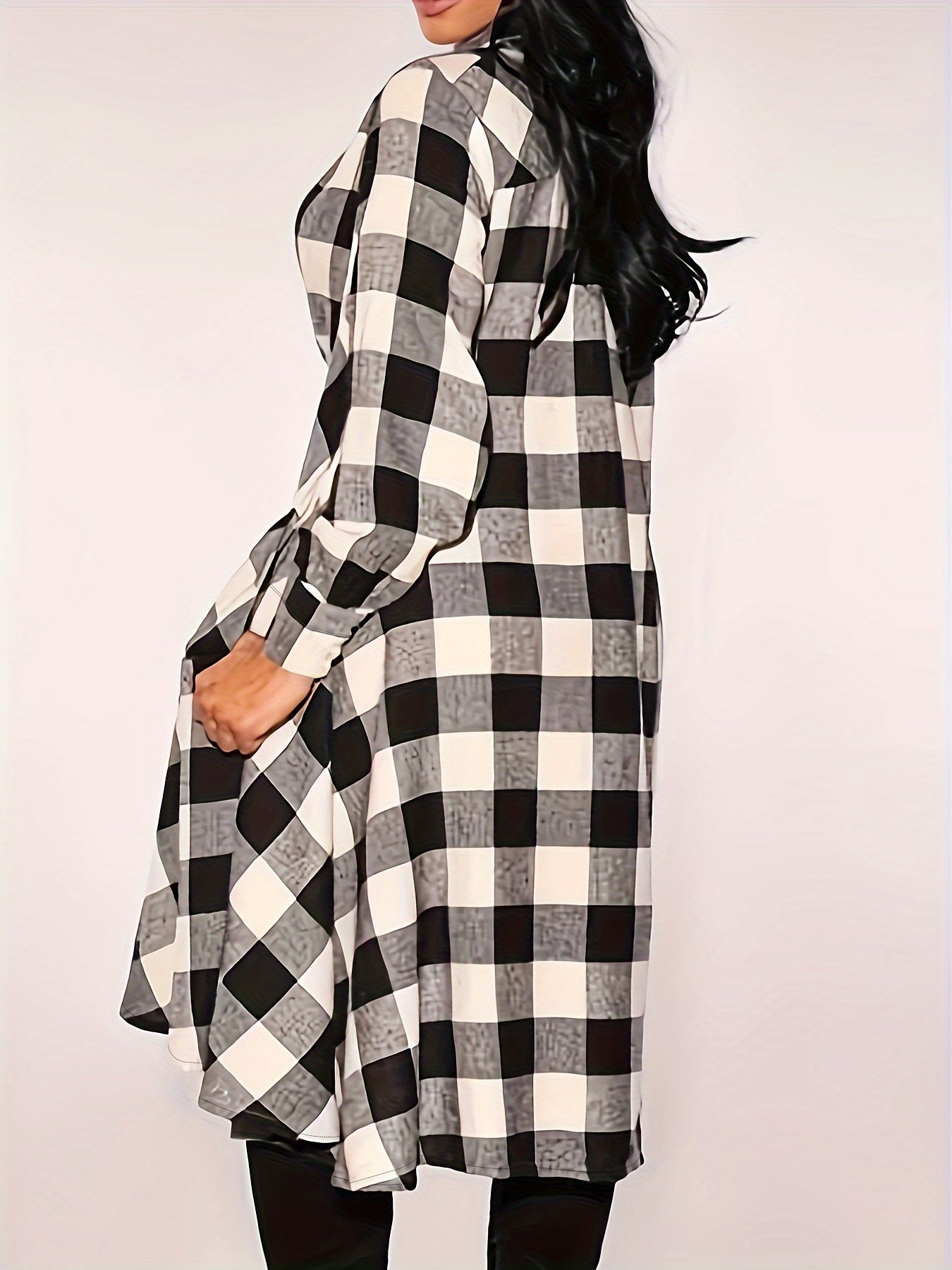 Plus Gingham Print Long Sleeve Shirt Dress