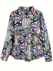  Boho Blouse Women's Plus Scarf Print Long Sleeve Button Up
