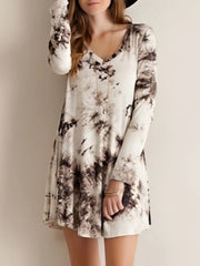  Tie Dye V Neck Long Sleeve Stretch Dress