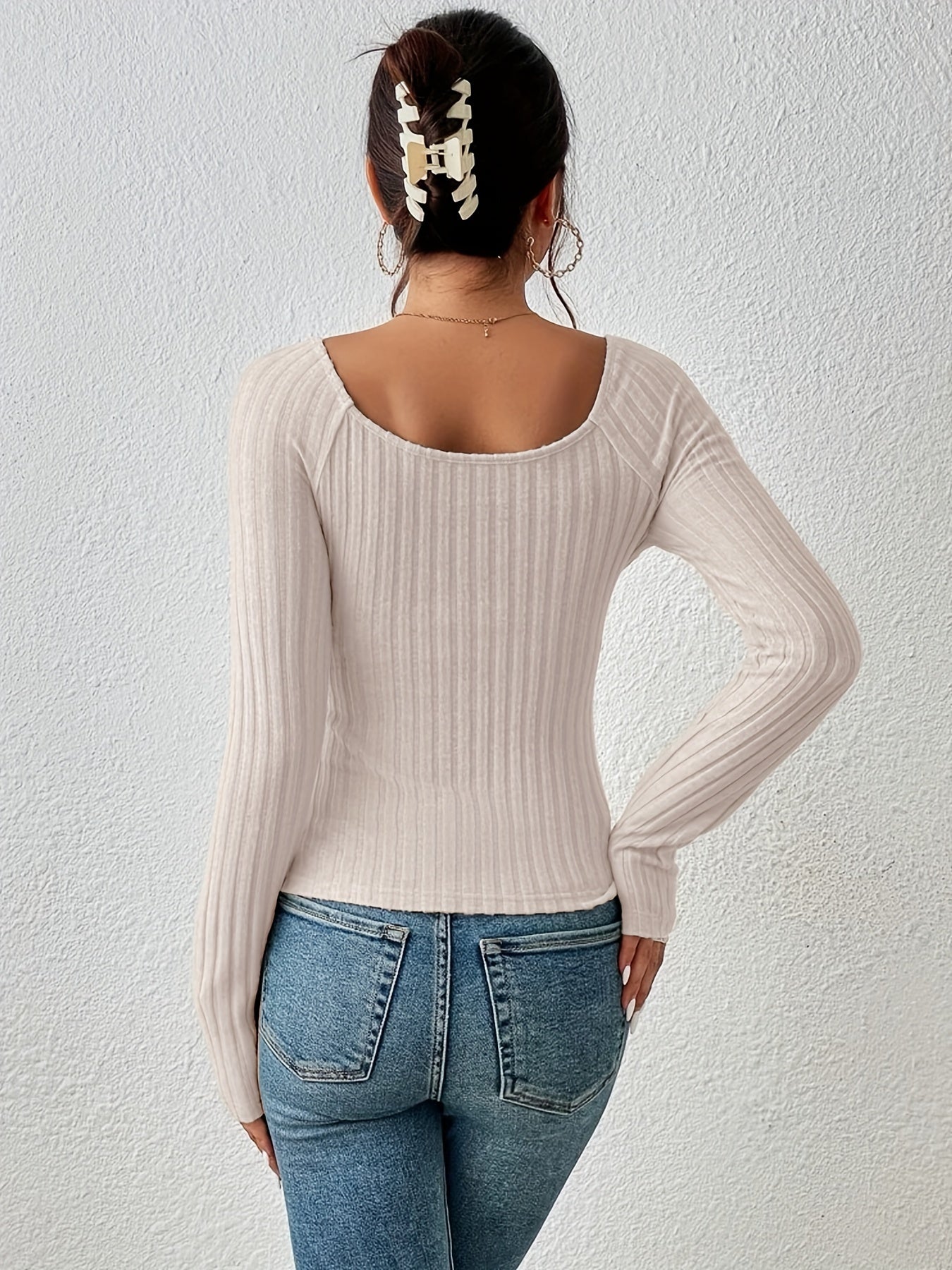  Solid Ribbed Long Sleeve Round Neck Knot Jumper