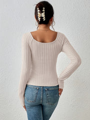  Solid Ribbed Long Sleeve Round Neck Knot Jumper