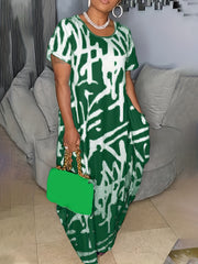  Graffiti Print Short Sleeve Dress With Pockets