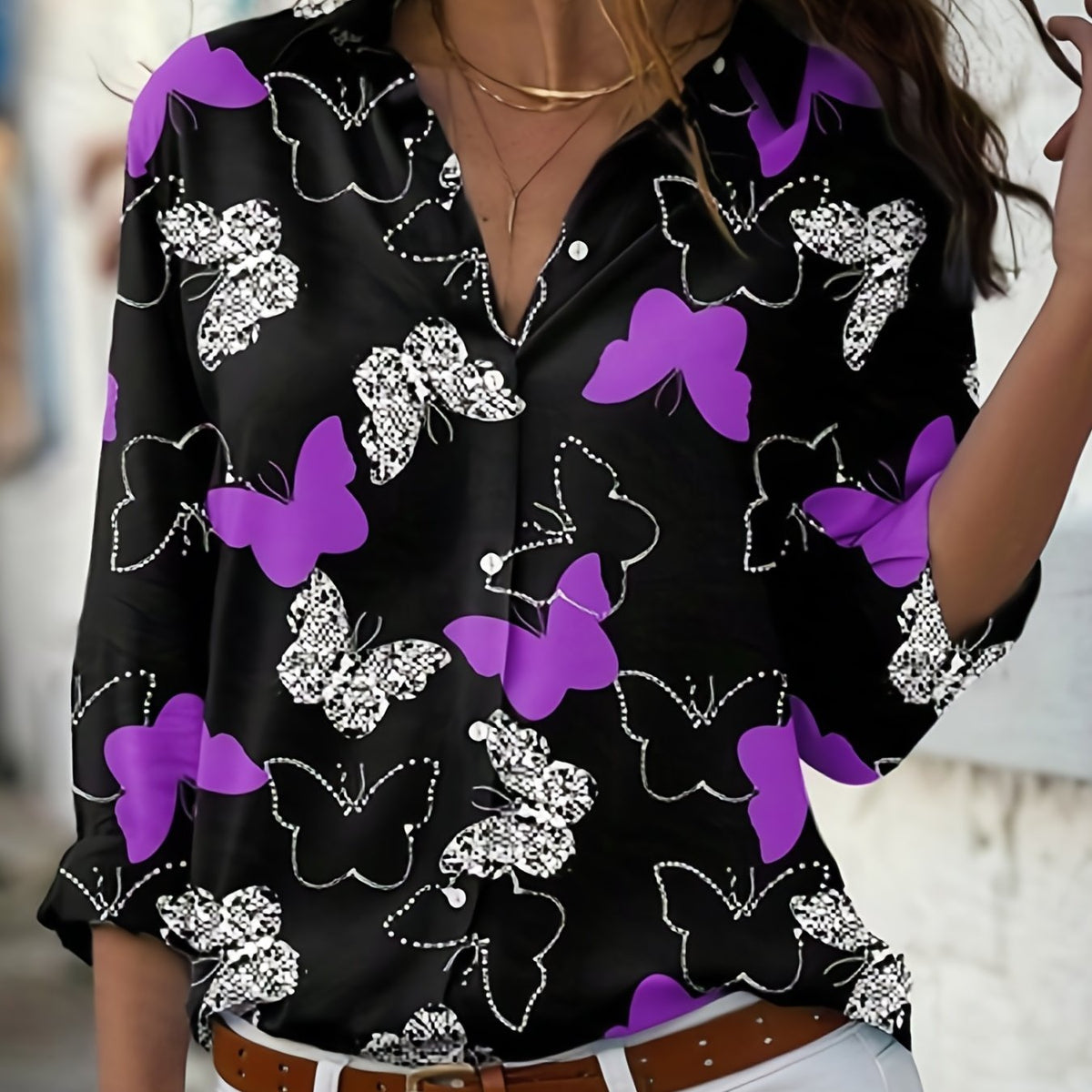 Butterfly Print Plus Size Button Up Blouse