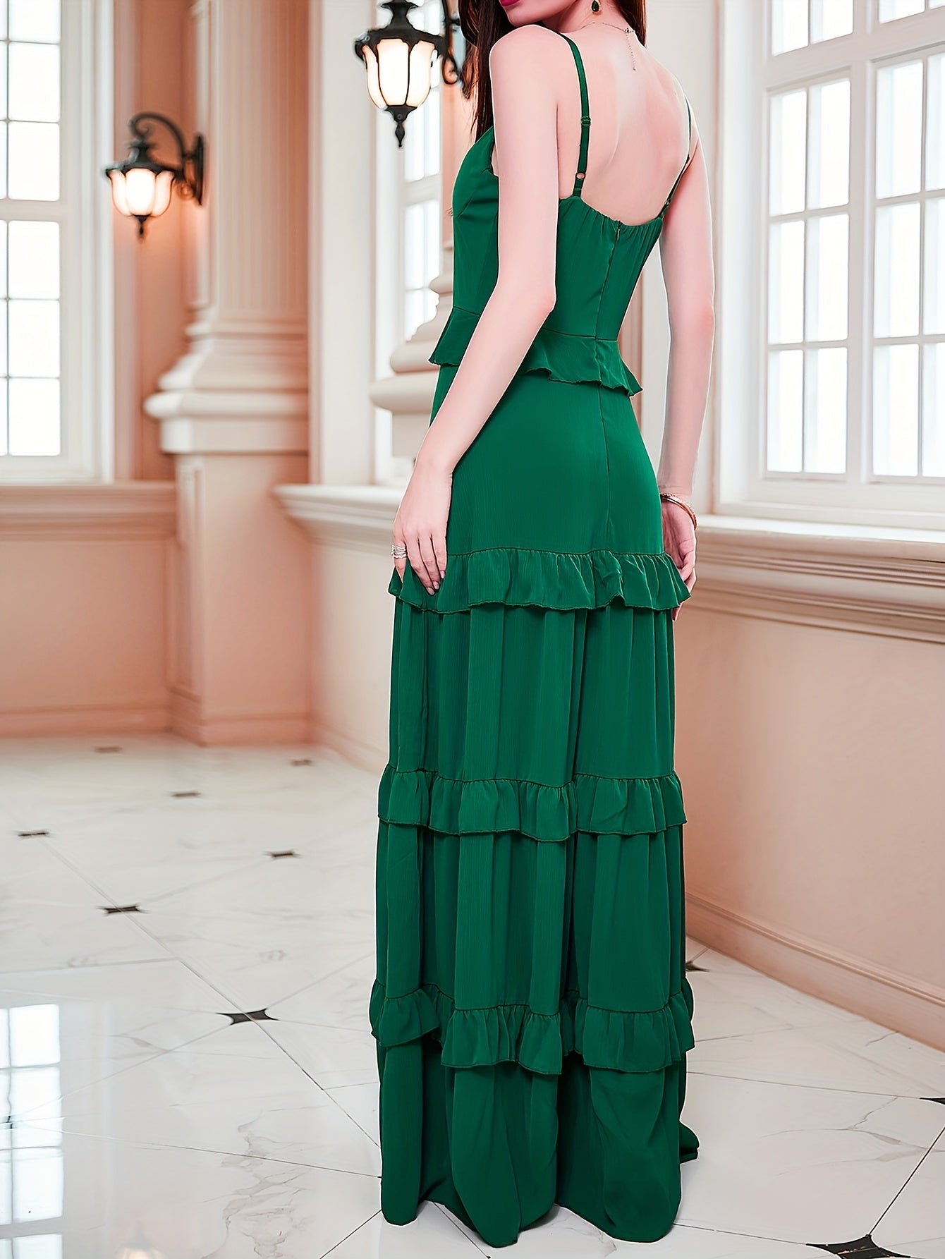 Women's V Neck Ruffle Trim Maxi Cami Dress