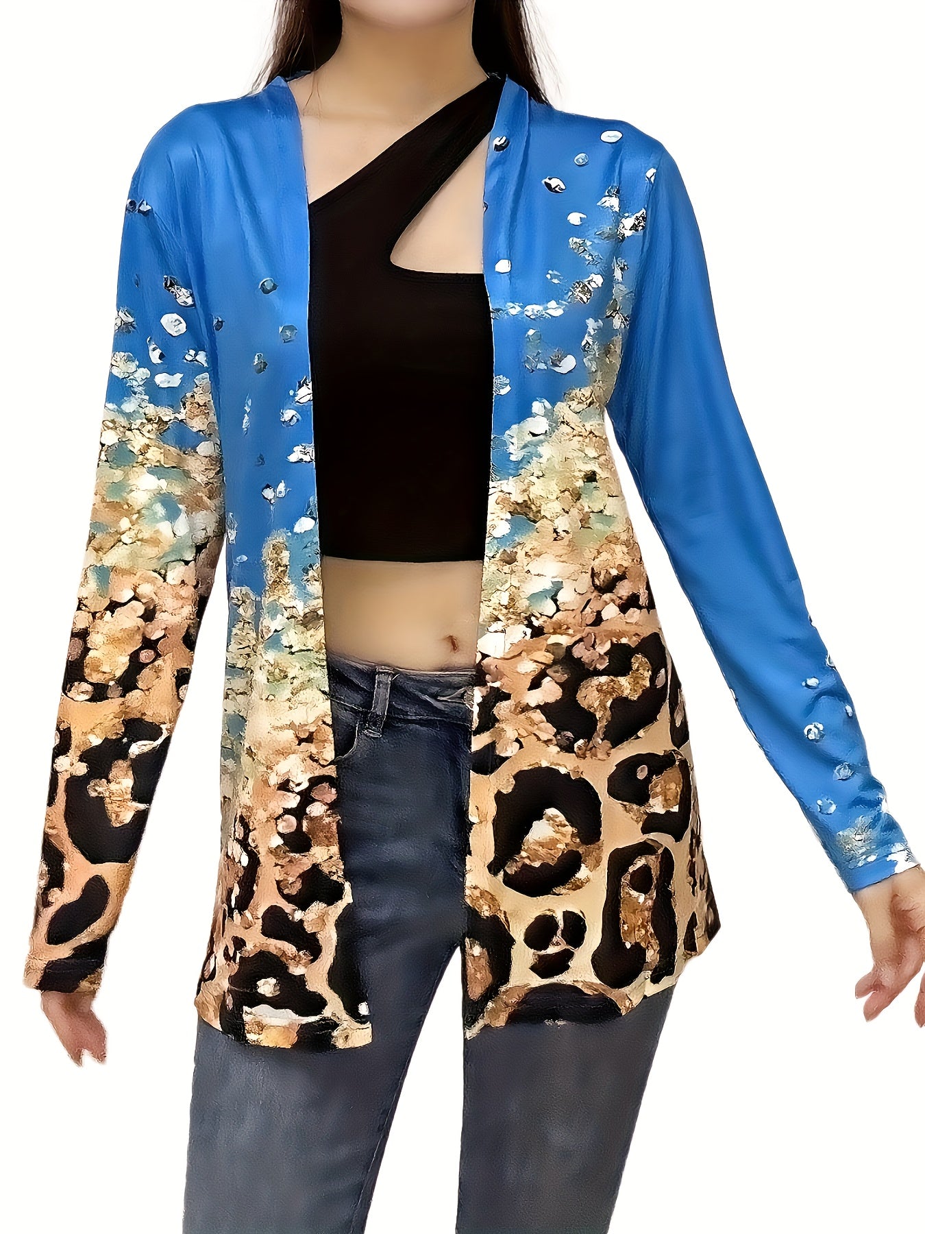 Colorblock Glitter Leopard Print Open Front Cardigan