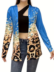  Colorblock Glitter Leopard Print Open Front Cardigan