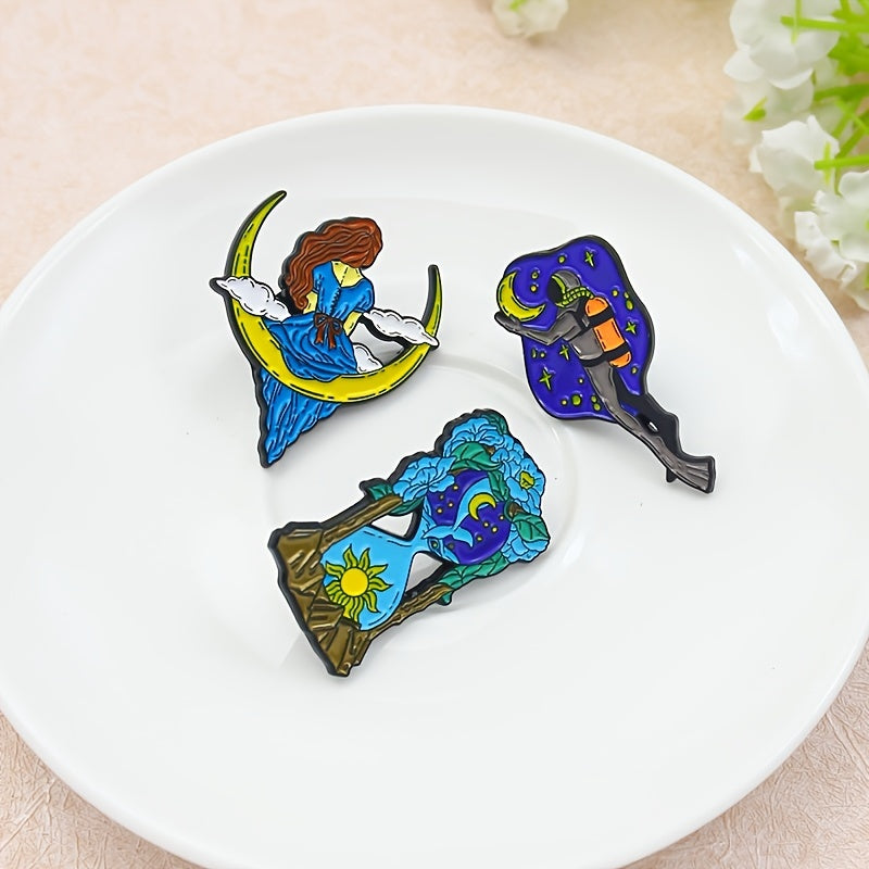 Starry Cat Moon Girl Hourglass Diver Double Head Bird Brooch