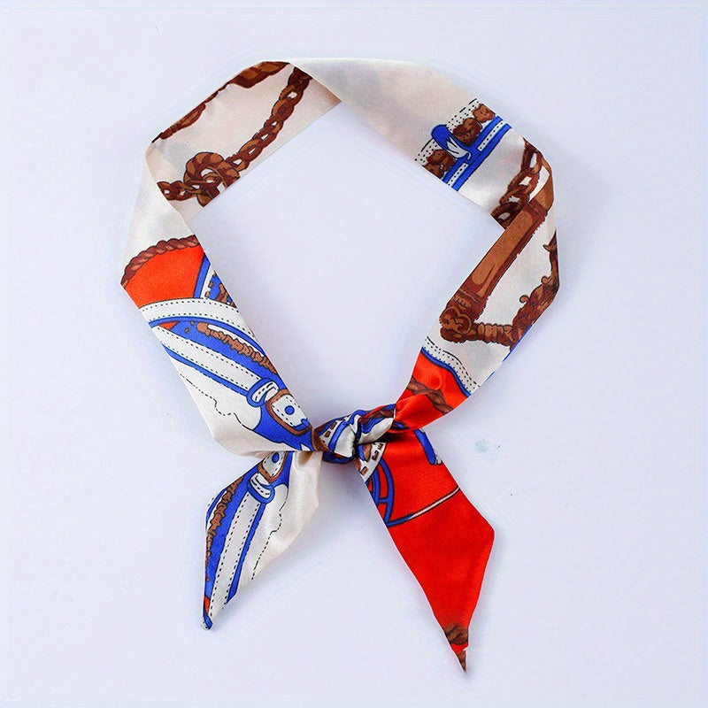 Chain Print Skinny Scarf Satin Neckerchief Long Ribbon Twilly Scarf