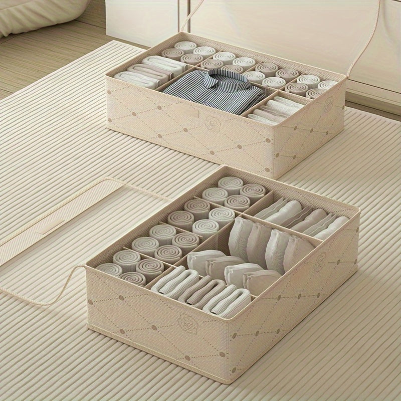Underwear Drawer Storage Box Fabric Basket With Grids Handles