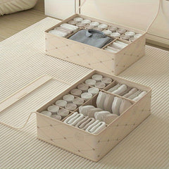 Underwear Drawer Storage Box Fabric Basket With Grids Handles