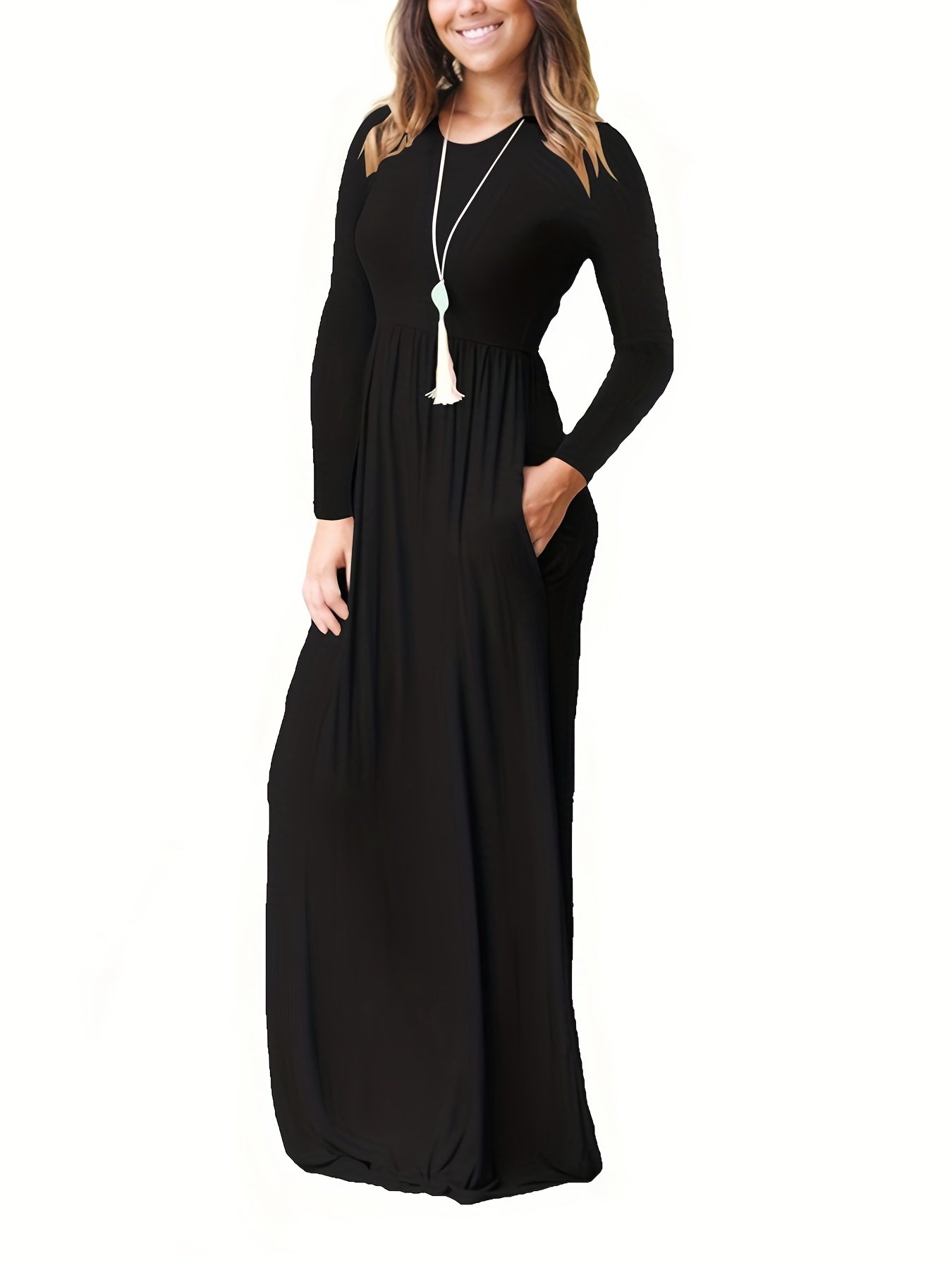  Solid Long Sleeve Maxi Dress