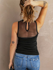  Contrast Mesh Tank Top Round Neck Stretch Crinkle Tank
