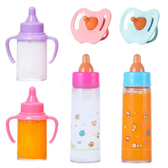 3pcs Baby Doll Feeding Set - Milk, Juice Bottles, Toy Pacifier, Pink Plastic