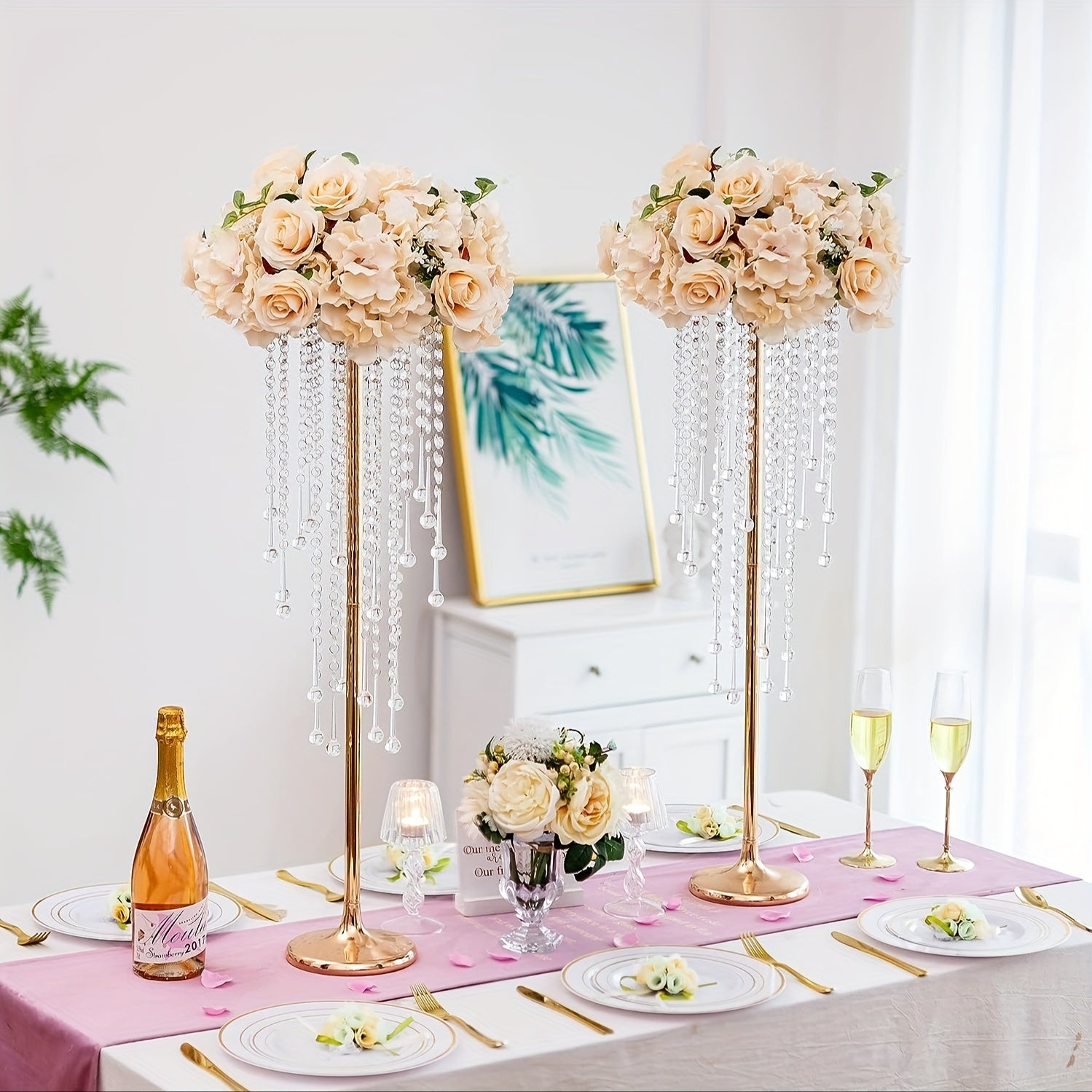 2pcs Tall Golden Flower Vases Crystal Centerpiece