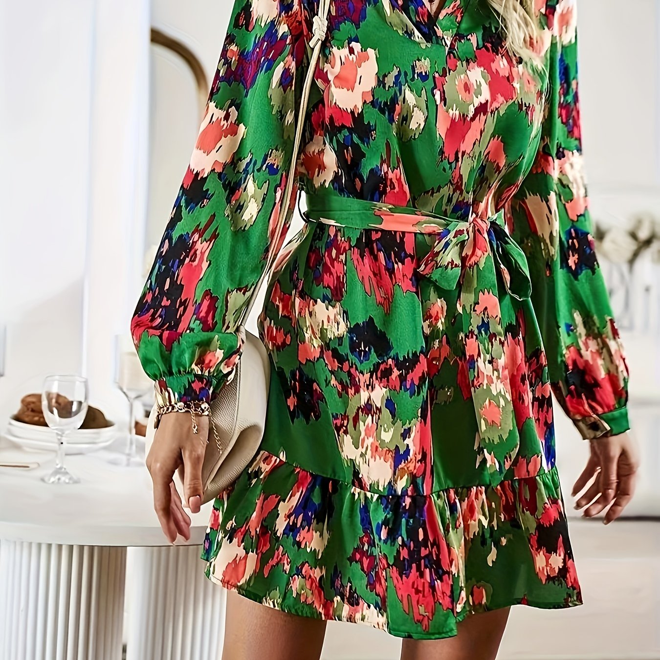  Boho Tie Dye Lantern Sleeve Ruffle Mini Dress
