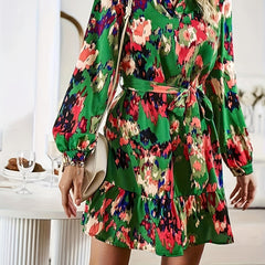  Boho Tie Dye Lantern Sleeve Ruffle Mini Dress
