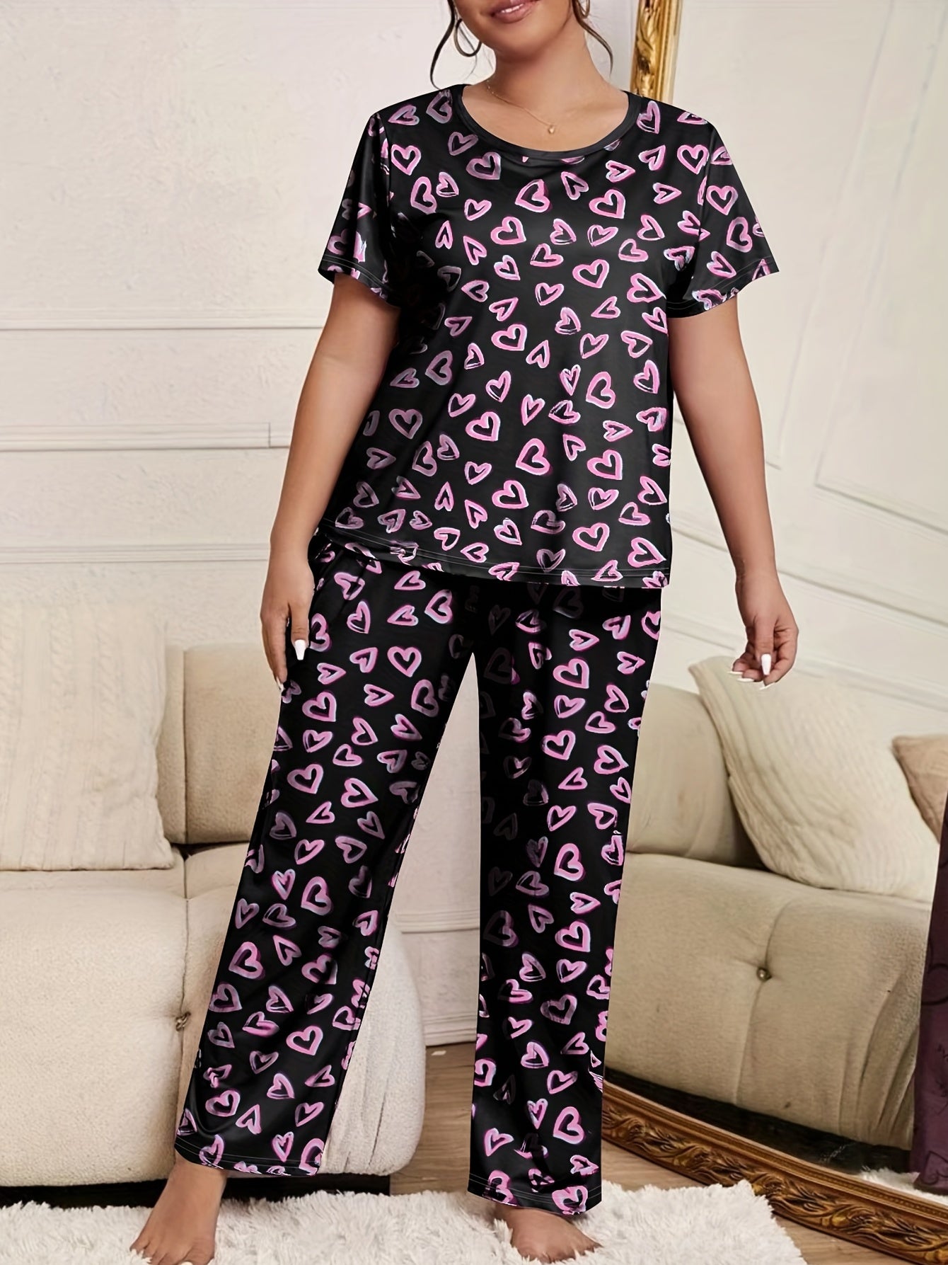  Heart Print Pajama Set Short Sleeve Top & Pants Two Piece
