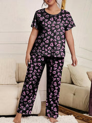  Heart Print Pajama Set Short Sleeve Top & Pants Two Piece