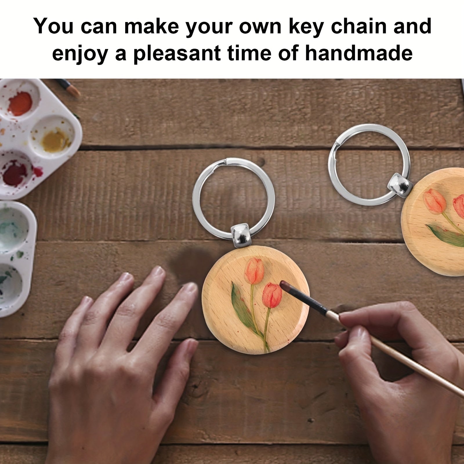 12pcs Beech Wood Keyrings DIY Blank For Crafts Key Ring For Women Men