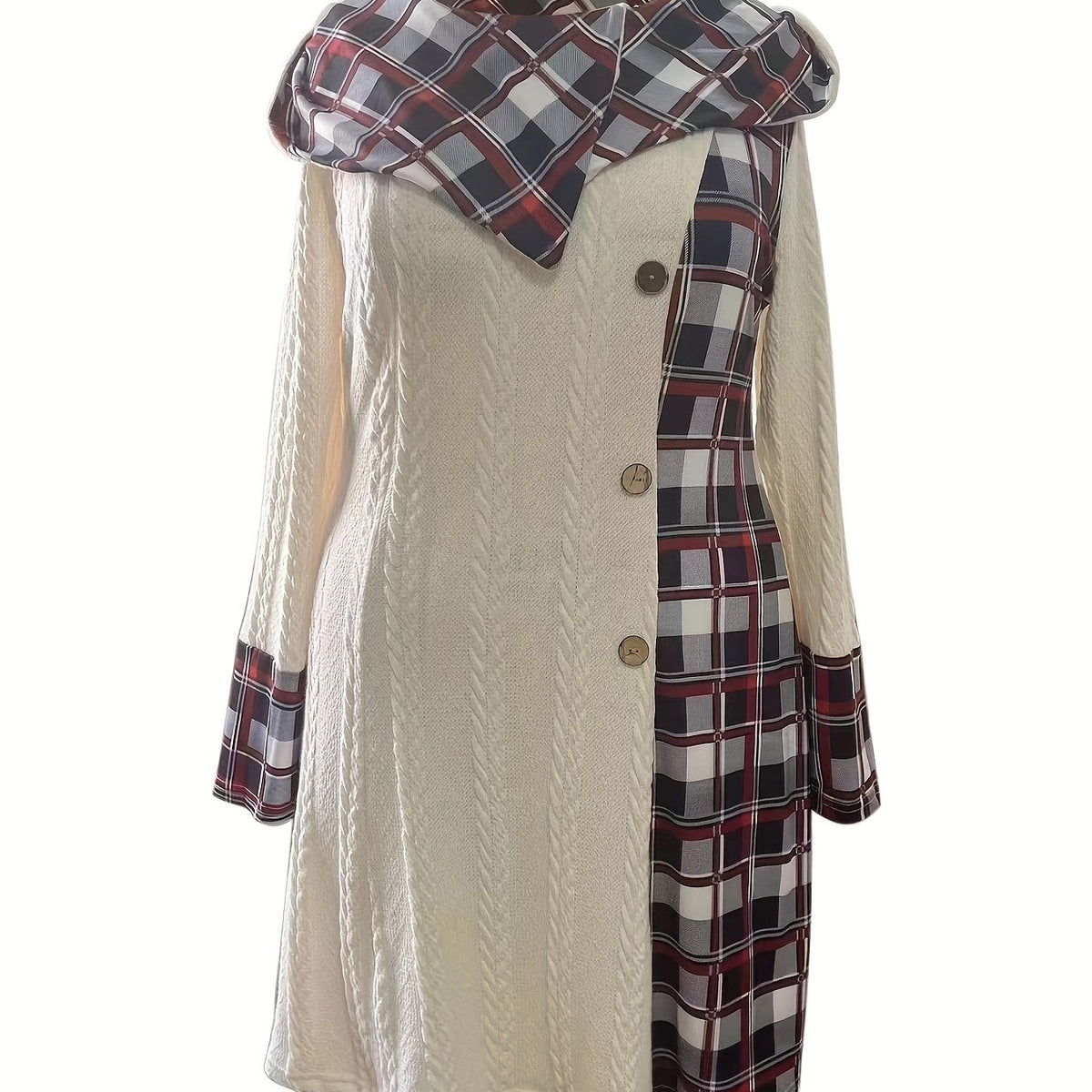  Colorblock Plaid Print Jacquard Hooded Dress