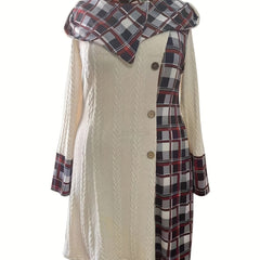  Colorblock Plaid Print Jacquard Hooded Dress
