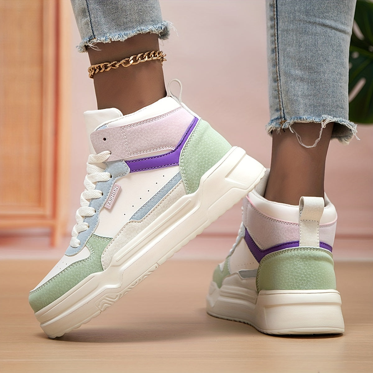 Women's Block Faux Leather Chunky Sneakers Casual Wear Resistance Non Slip Shoes