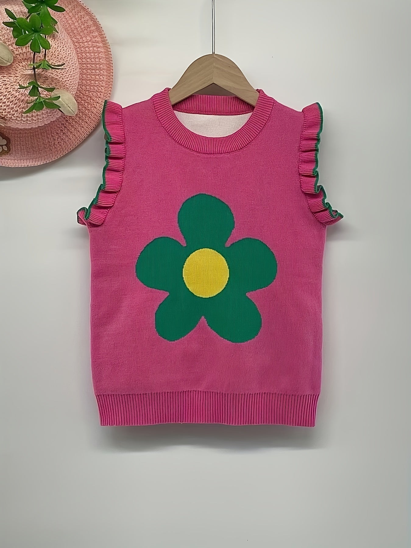 Girls Flower Graphic Knit Sweater Vest Sleeveless Ruffle Trim