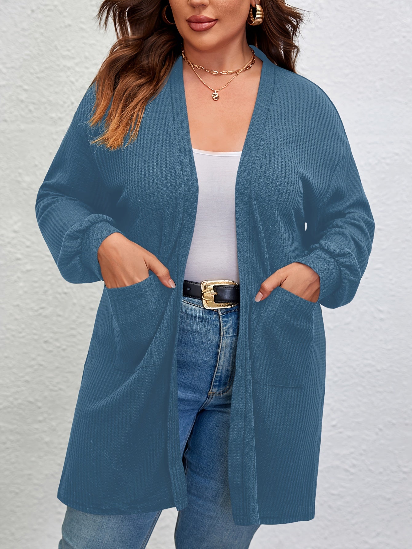  Solid Ribbed Lantern Sleeve Cardigan With Pockets
