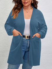  Solid Ribbed Lantern Sleeve Cardigan With Pockets