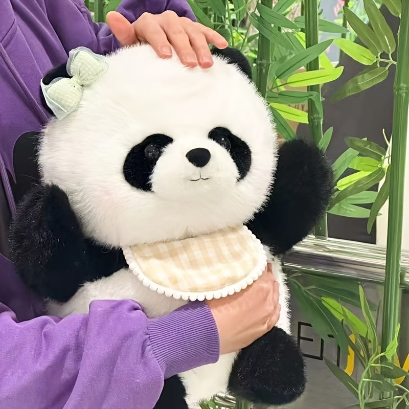 Large Huggable Panda Plush Toy with Expressive Eyes & Checkered Bib