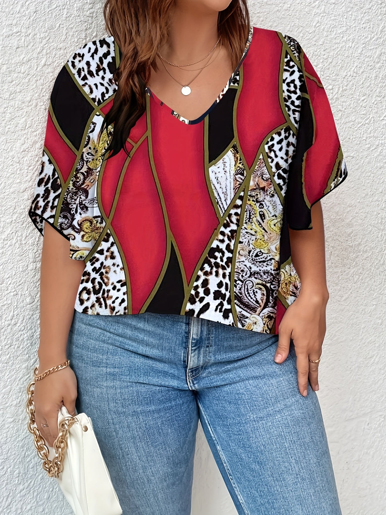  Colorblock Paisley Print V Neck T shirt
