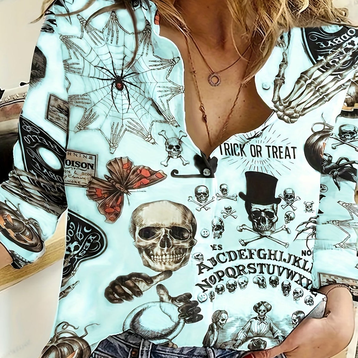  Halloween Blouse Women's Plus Graffiti Button Up Shirt Top