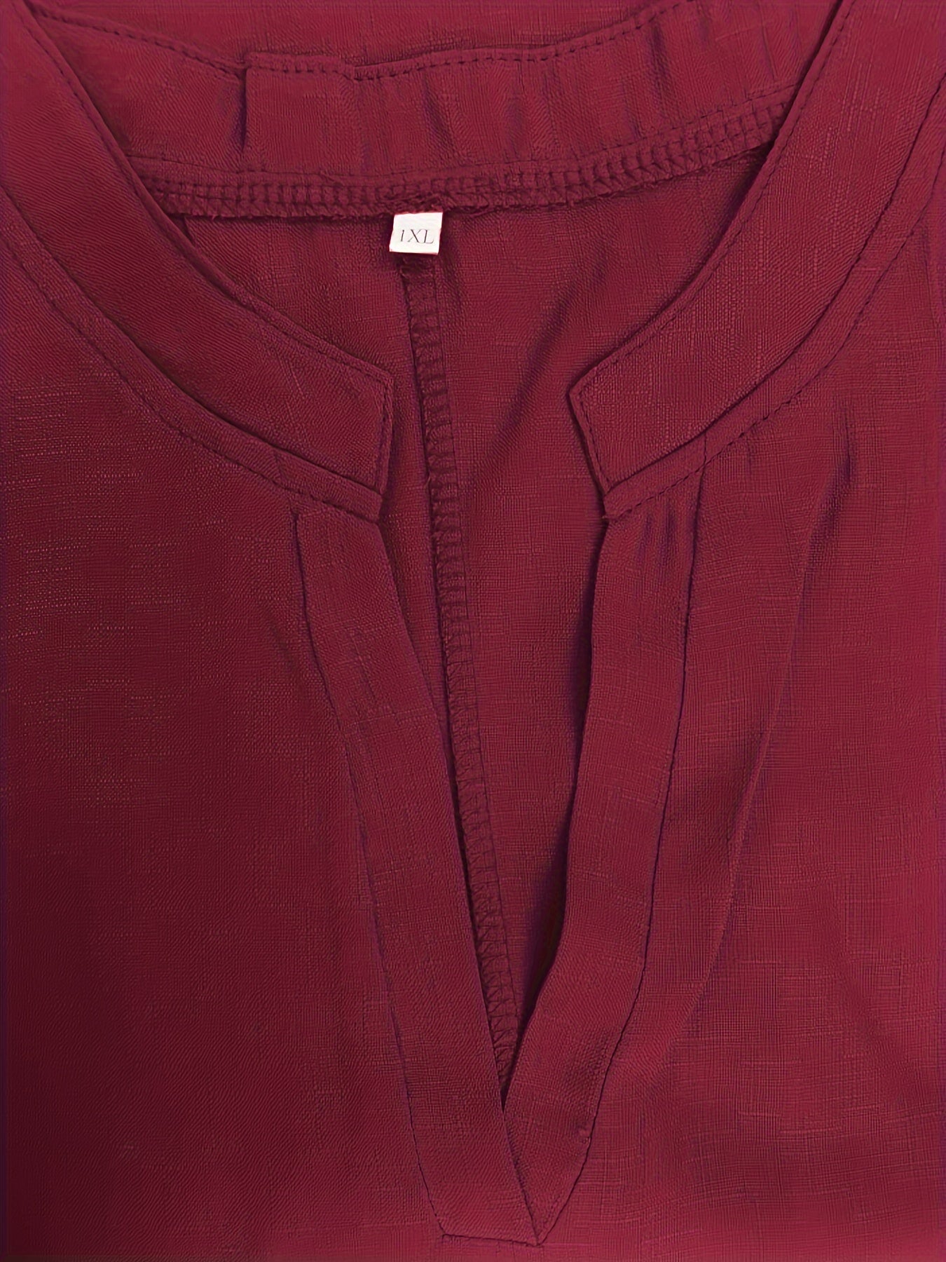  Solid Long Sleeve Notched Neck Tunic Top