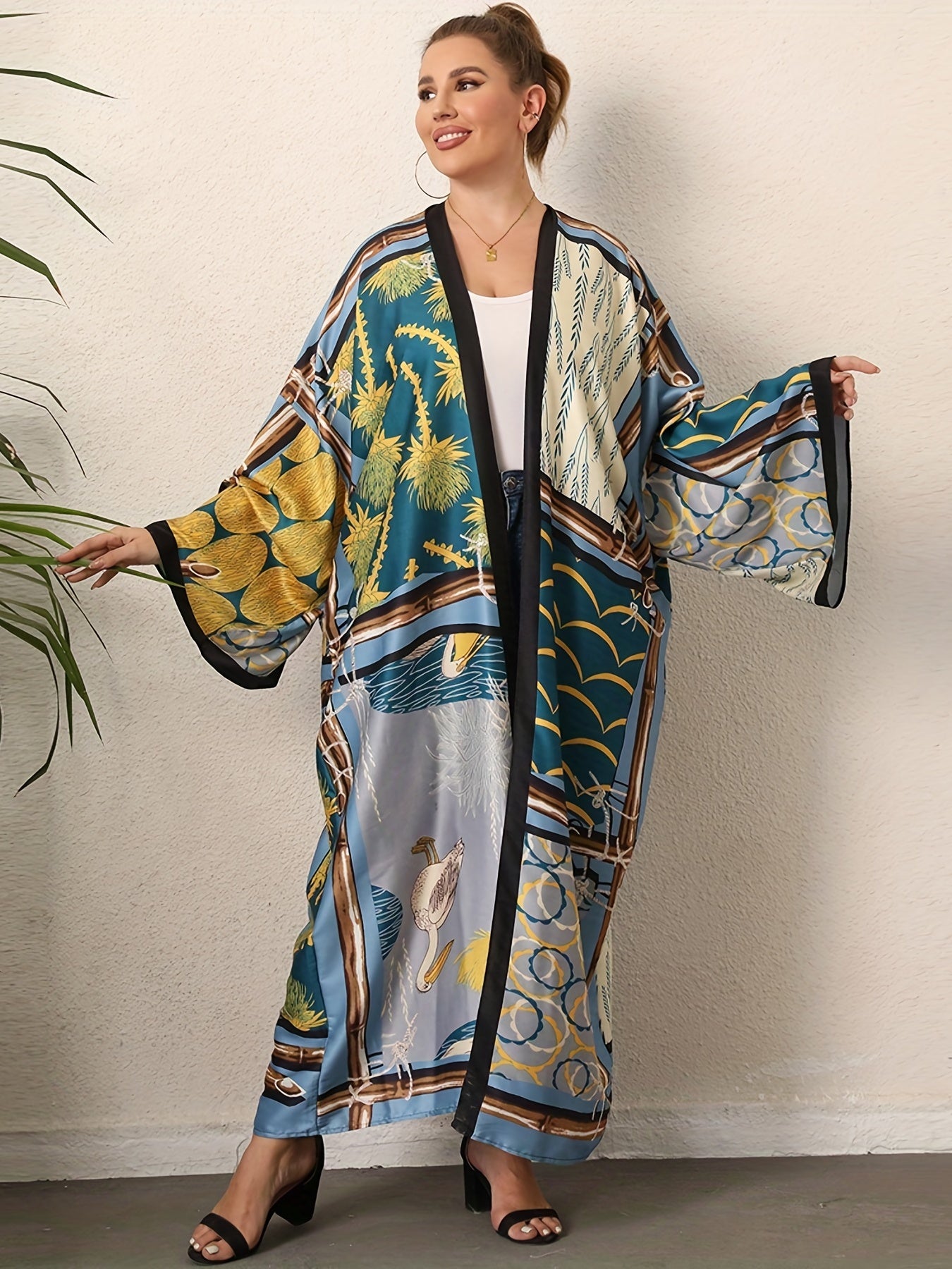  Boho Kimono Women's Plus Print Trim Long Sleeve Beach Cover Up