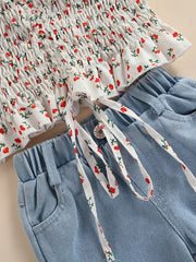 Floral Puffed Sleeve Denim Kids Outfit Set