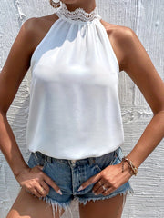 Halter Neck Lace Contrast Top Sleeveless Solid Summer Women's Clothing
