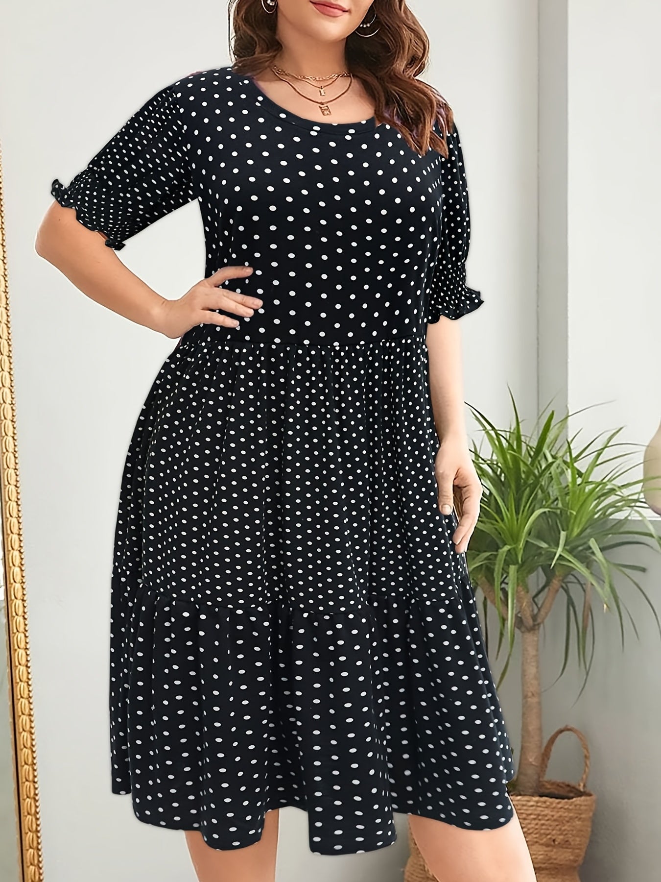  Dot Print Short Sleeve Layered Midi Dress Women's Plus Retro Dress