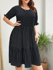  Dot Print Short Sleeve Layered Midi Dress Women's Plus Retro Dress