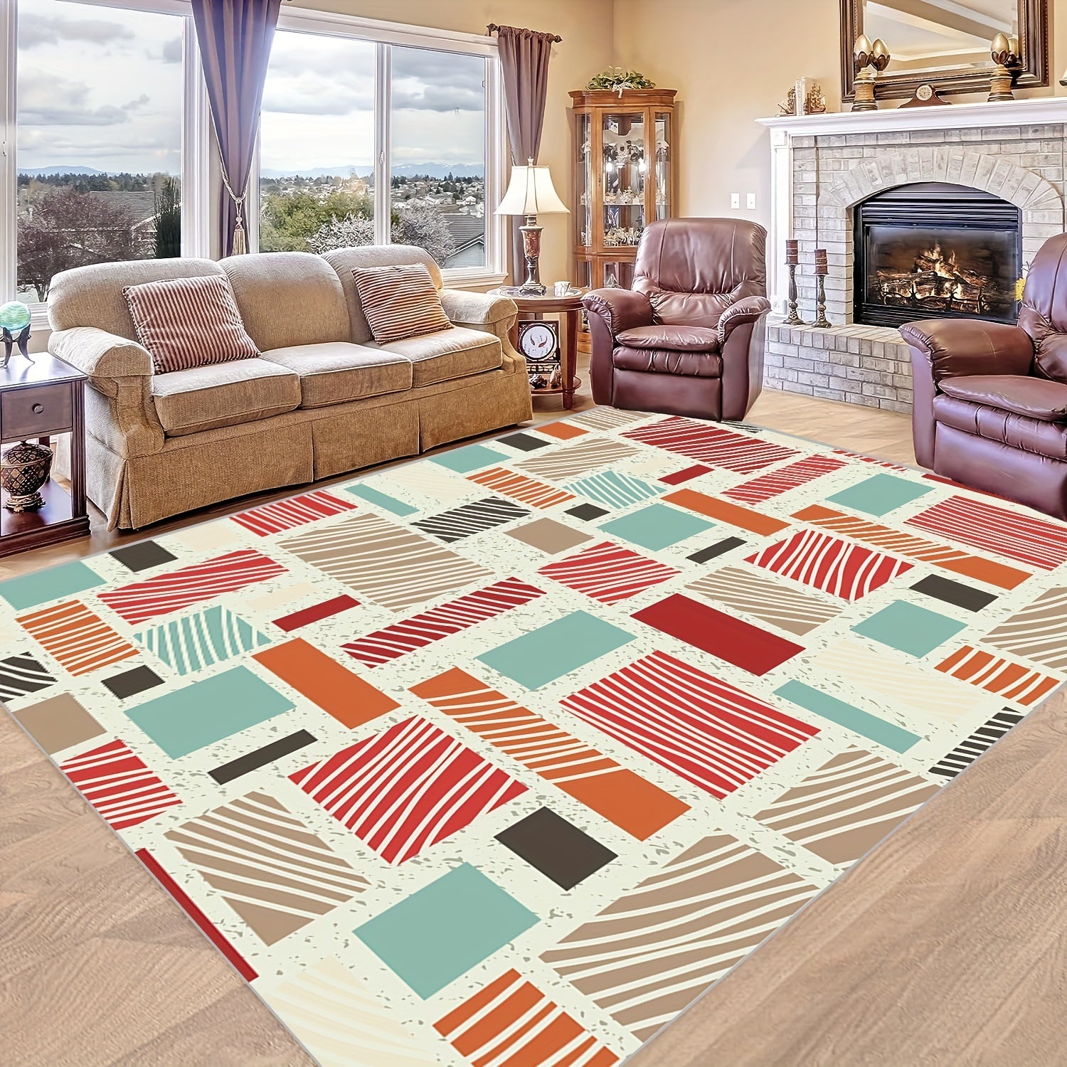 Soft Geometric Area Rug Washable Non Slip Backing Low Pile Non Shed