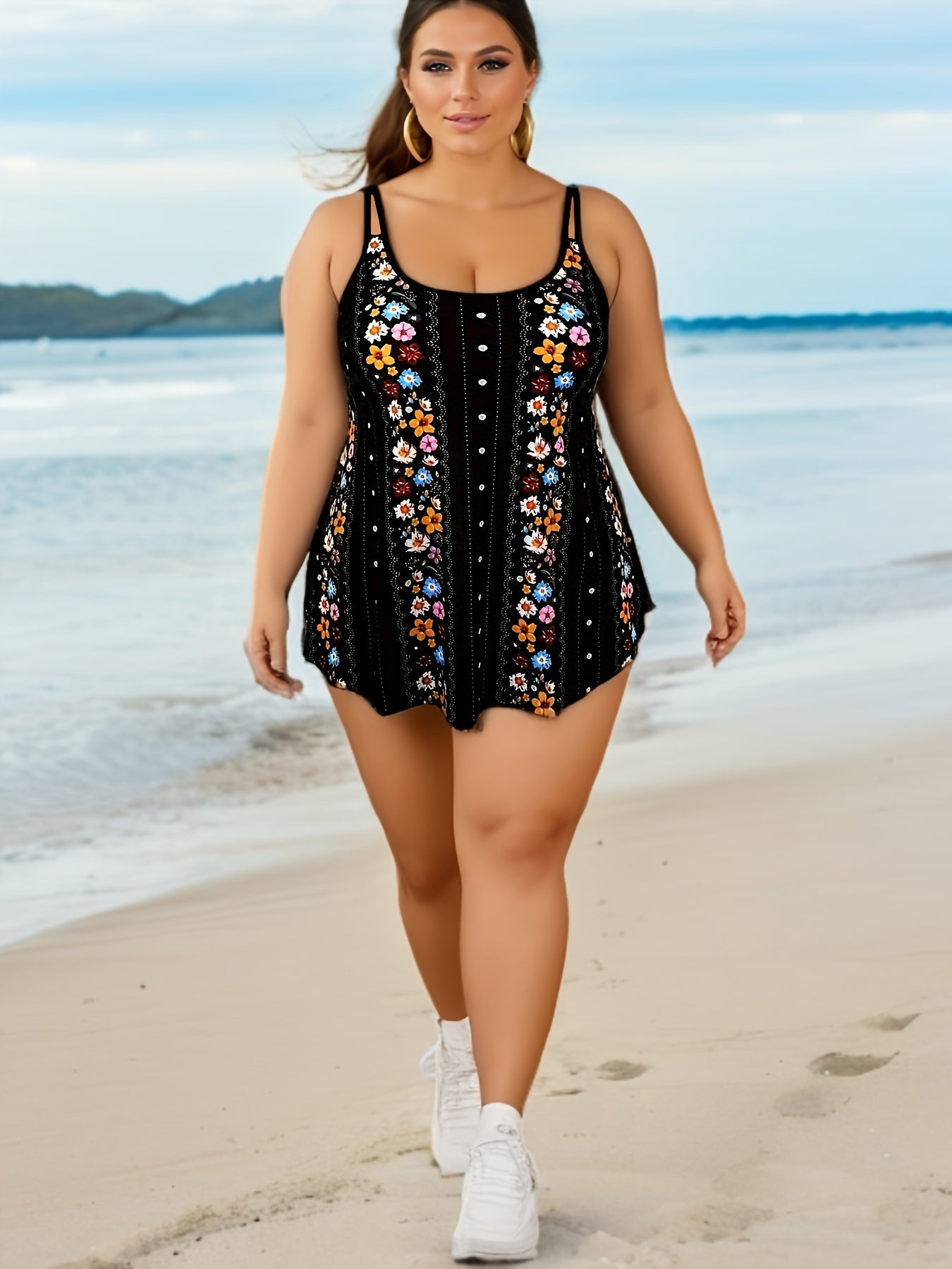 Women's Plus Size Floral & Striped Tankini Set Square Neck Cami Top