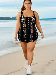 Women's Plus Size Floral & Striped Tankini Set Square Neck Cami Top
