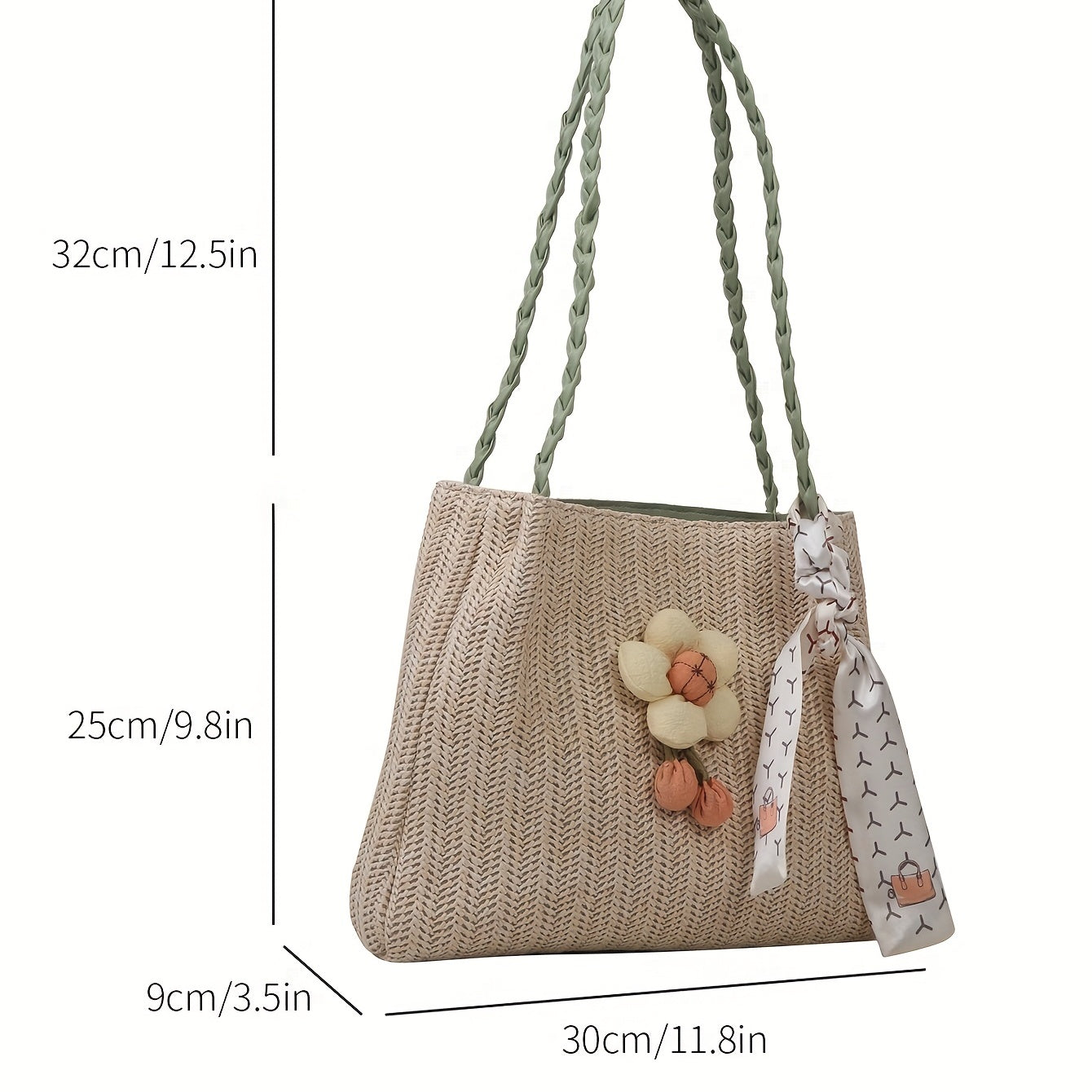 Large Capacity Straw Tote Bag with Woven Handle & Scarf Decor