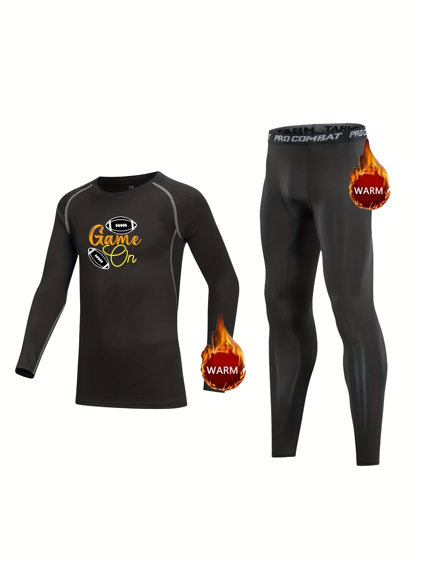 2pcs Kids Compression Fleece Sets Cartoon Football Pattern Pullover & Pants
