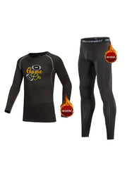 2pcs Kids Compression Fleece Sets Cartoon Football Pattern Pullover & Pants