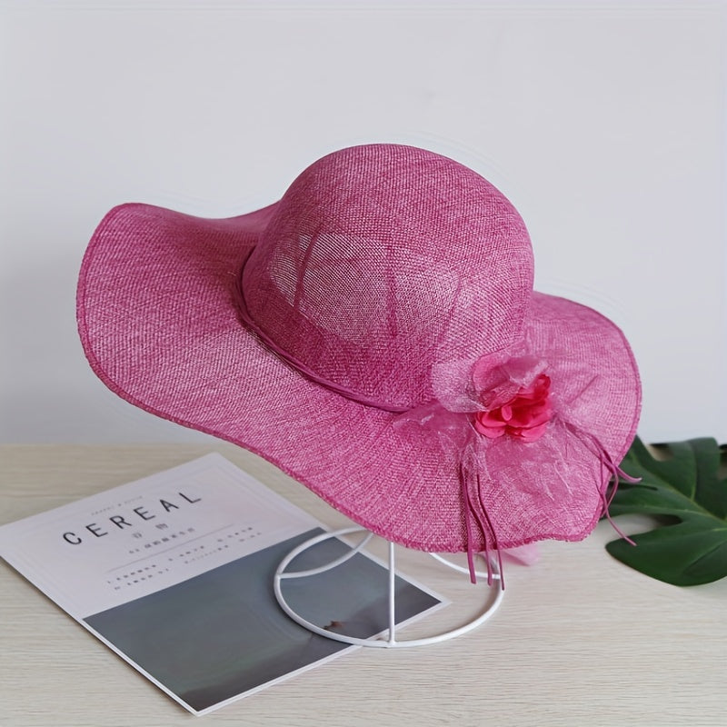 Wide Brim Beach Hat Lace Flower Rope Knot Sun Hat Solid Sunscreen Bucket Hat