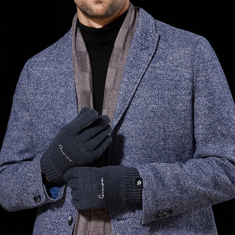 Men's Winter Knit Gloves Double Layer Hand Cover Windproof & Warm Fleece