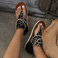 Leopard Print Toe Woven Flat Sandals Women's Back Zipper Summer Sandals