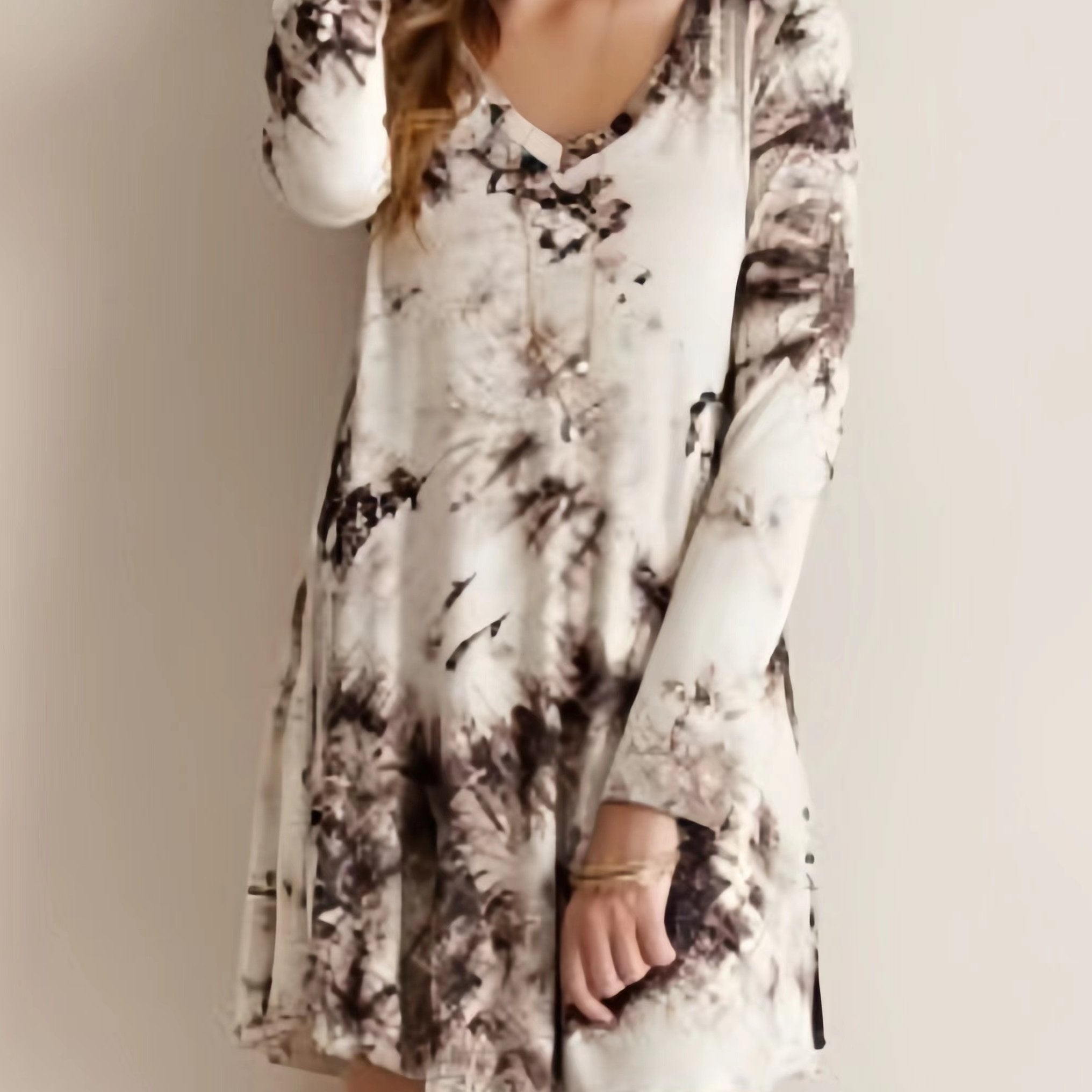  Tie Dye V Neck Long Sleeve Stretch Dress