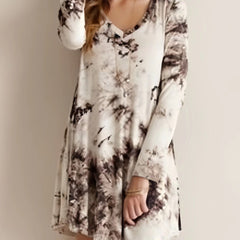  Tie Dye V Neck Long Sleeve Stretch Dress